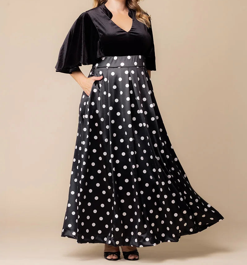 Velvet & Jacquard Maxi Evening Dress｜V-Neck Wide-Sleeve Top with High-Waisted Full Skirt