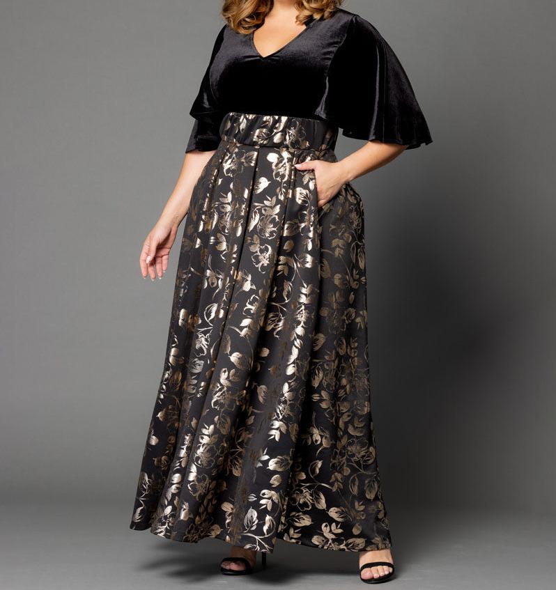 Velvet & Jacquard Maxi Evening Dress｜V-Neck Wide-Sleeve Top with High-Waisted Full Skirt