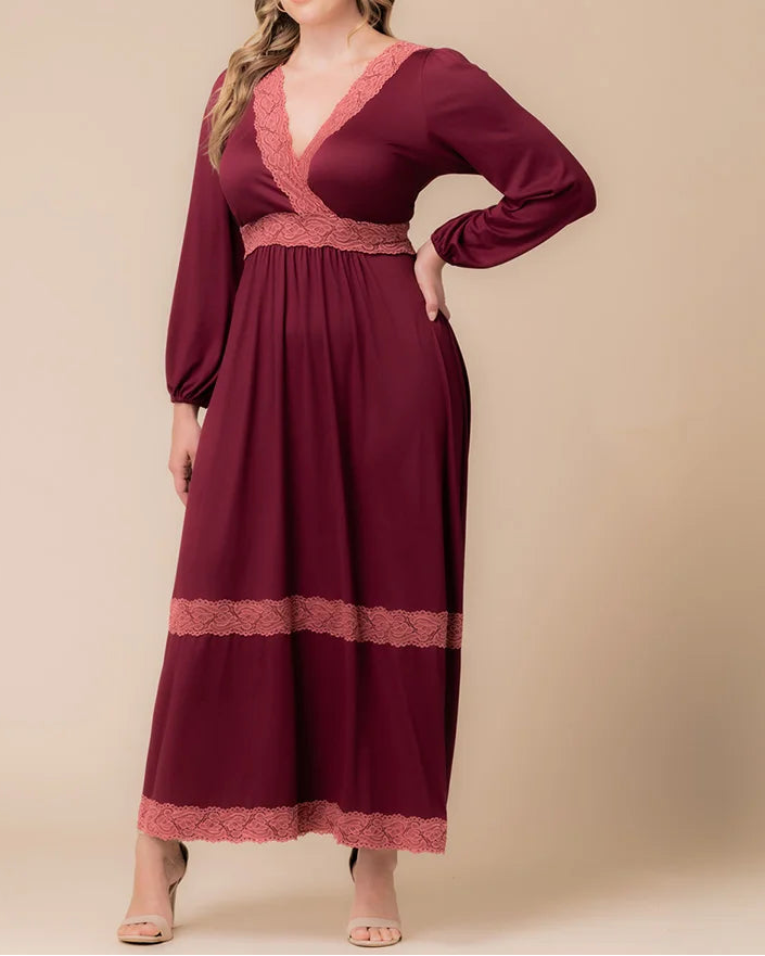 V-Neck Lace Trim Maxi Dress｜High-Waist Long Sleeve Slimming Gown