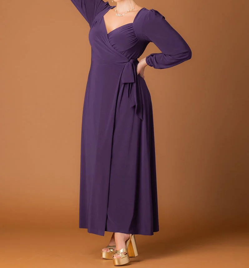 Wrap V-Neck Tie-Waist Evening Gown｜Elegant Long-Sleeve Slimming Maxi Dress