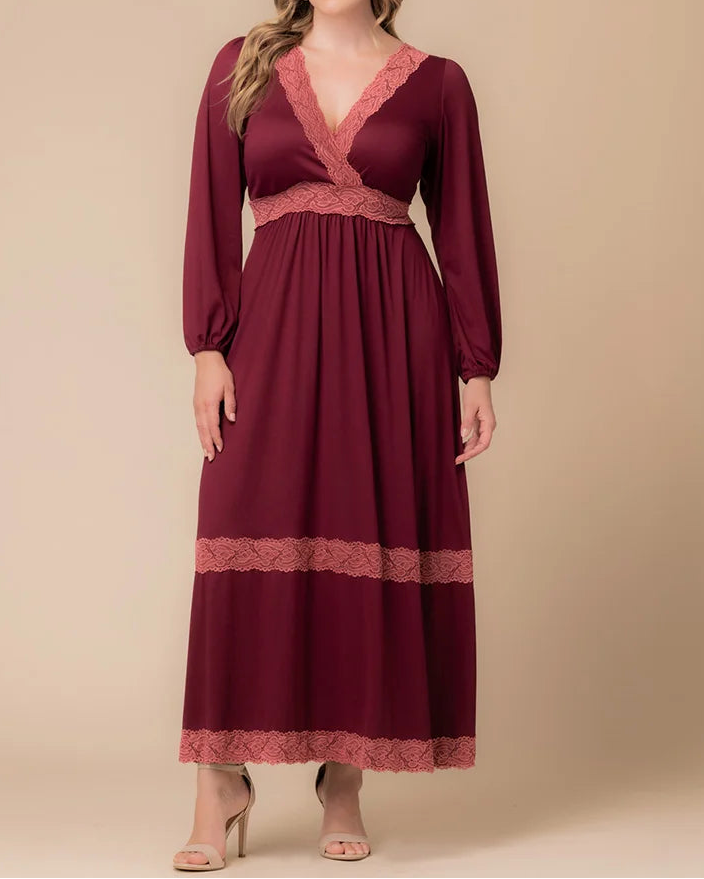 V-Neck Lace Trim Maxi Dress｜High-Waist Long Sleeve Slimming Gown
