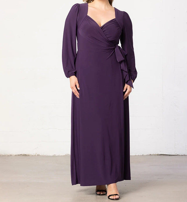 Wrap V-Neck Tie-Waist Evening Gown｜Elegant Long-Sleeve Slimming Maxi Dress