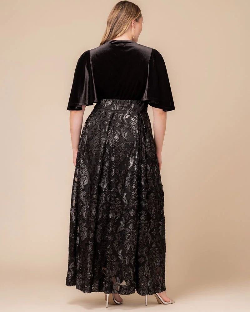 Velvet & Jacquard Maxi Evening Dress｜V-Neck Wide-Sleeve Top with High-Waisted Full Skirt
