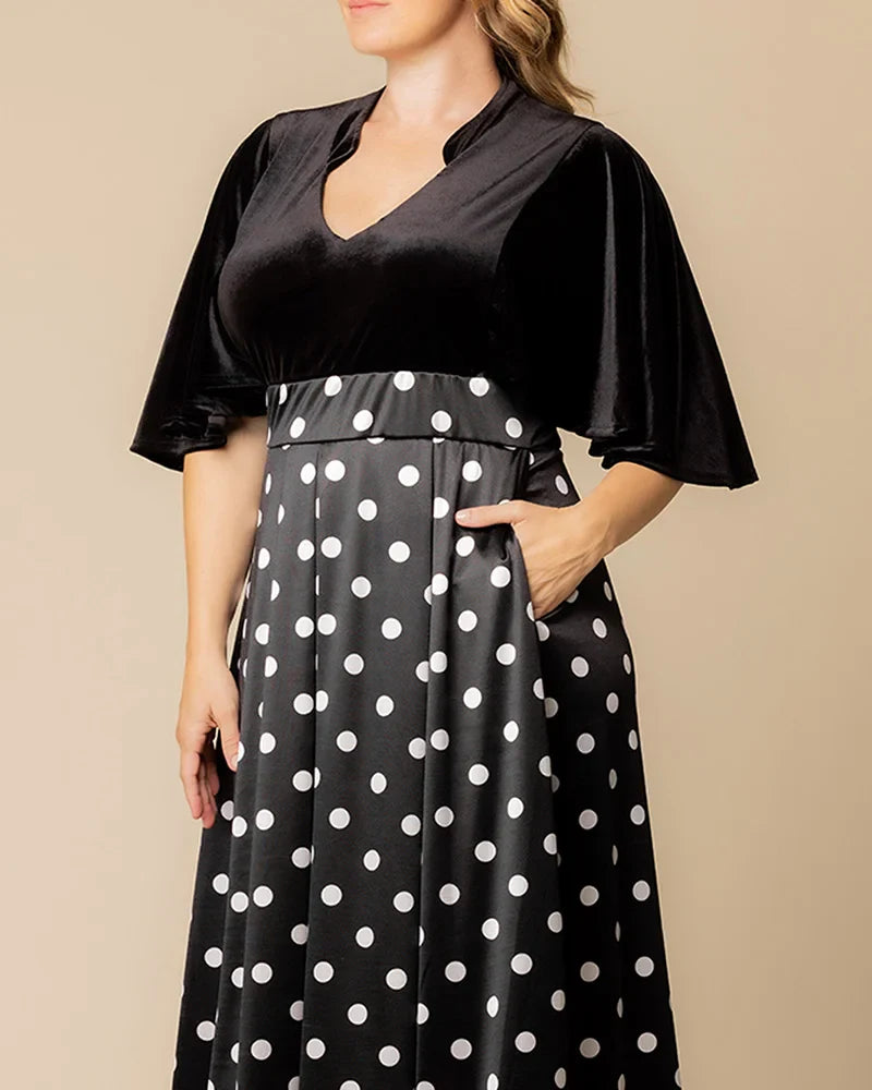 Velvet & Jacquard Maxi Evening Dress｜V-Neck Wide-Sleeve Top with High-Waisted Full Skirt