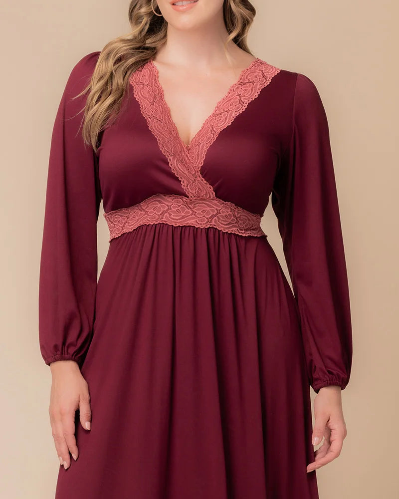 V-Neck Lace Trim Maxi Dress｜High-Waist Long Sleeve Slimming Gown