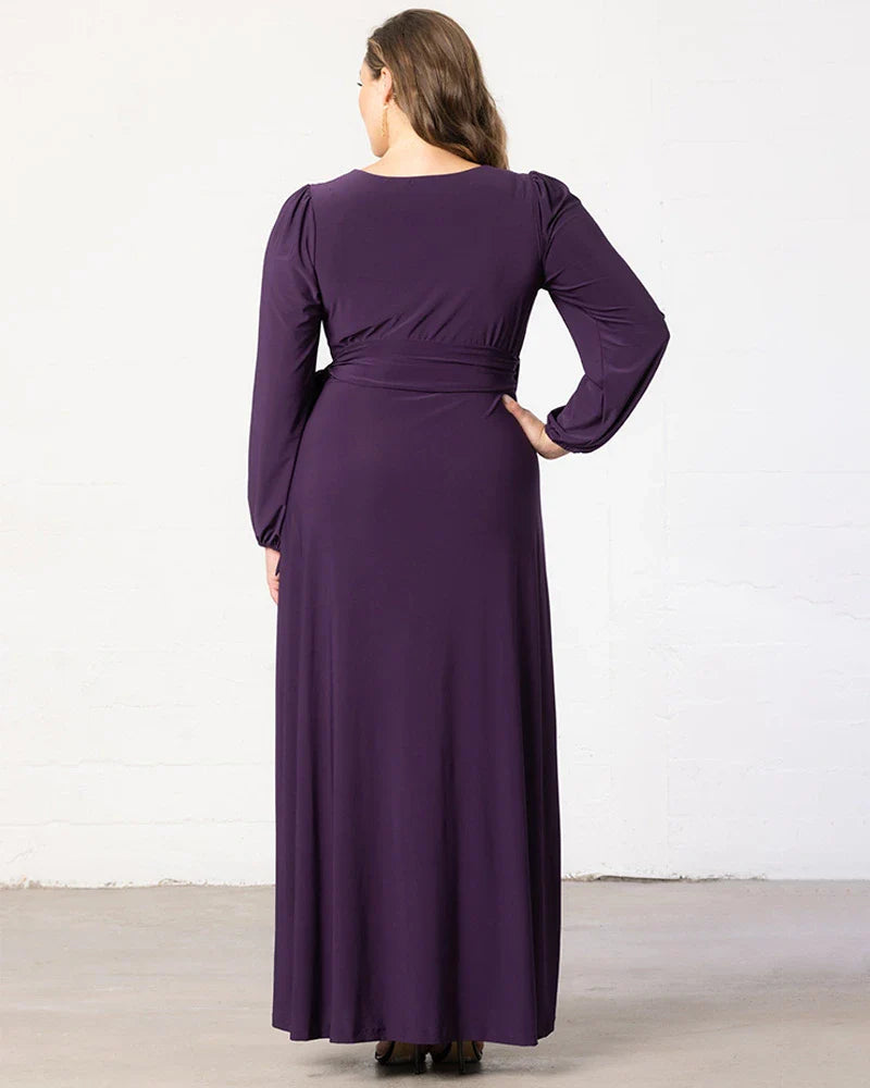 Wrap V-Neck Tie-Waist Evening Gown｜Elegant Long-Sleeve Slimming Maxi Dress