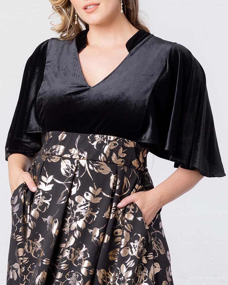 Velvet & Jacquard Maxi Evening Dress｜V-Neck Wide-Sleeve Top with High-Waisted Full Skirt