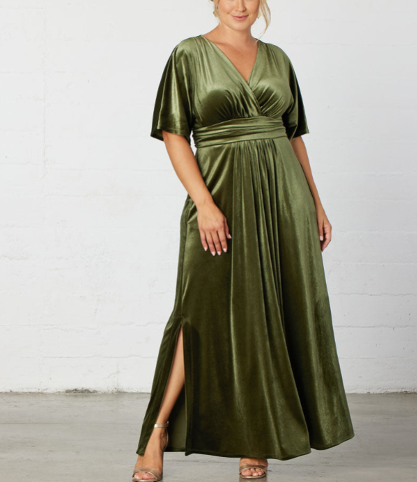 Velvet V-Neck High-Waisted Evening Gown｜Slim Fit Ruched Waist Maxi Dress with Side Slit